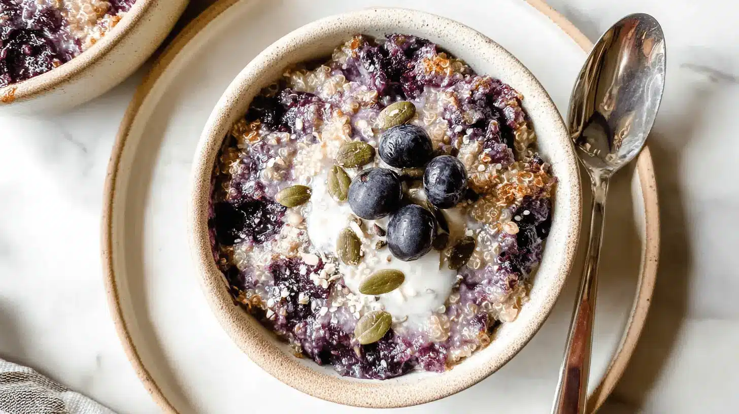 Delicious Blueberry Quinoa Breakfast Bake (Vegan & Gluten-Free) 1 A rustic bowl of homemade Blueberry Quinoa Breakfast Bake topped with fresh blueberries, creamy dollop, and pumpkin seeds on a white marble surface.