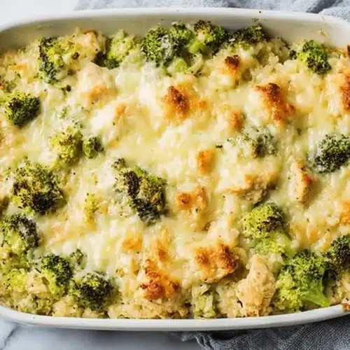 Overhead view of a delicious baked Broccoli Cauliflower Rice Chicken Casserole, topped with bubbling melted cheese and vibrant green broccoli florets in a white baking dish.