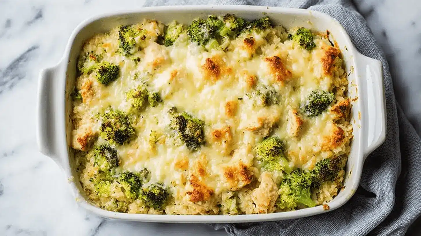 Overhead view of a delicious baked Broccoli Cauliflower Rice Chicken Casserole, topped with bubbling melted cheese and vibrant green broccoli florets in a white baking dish.