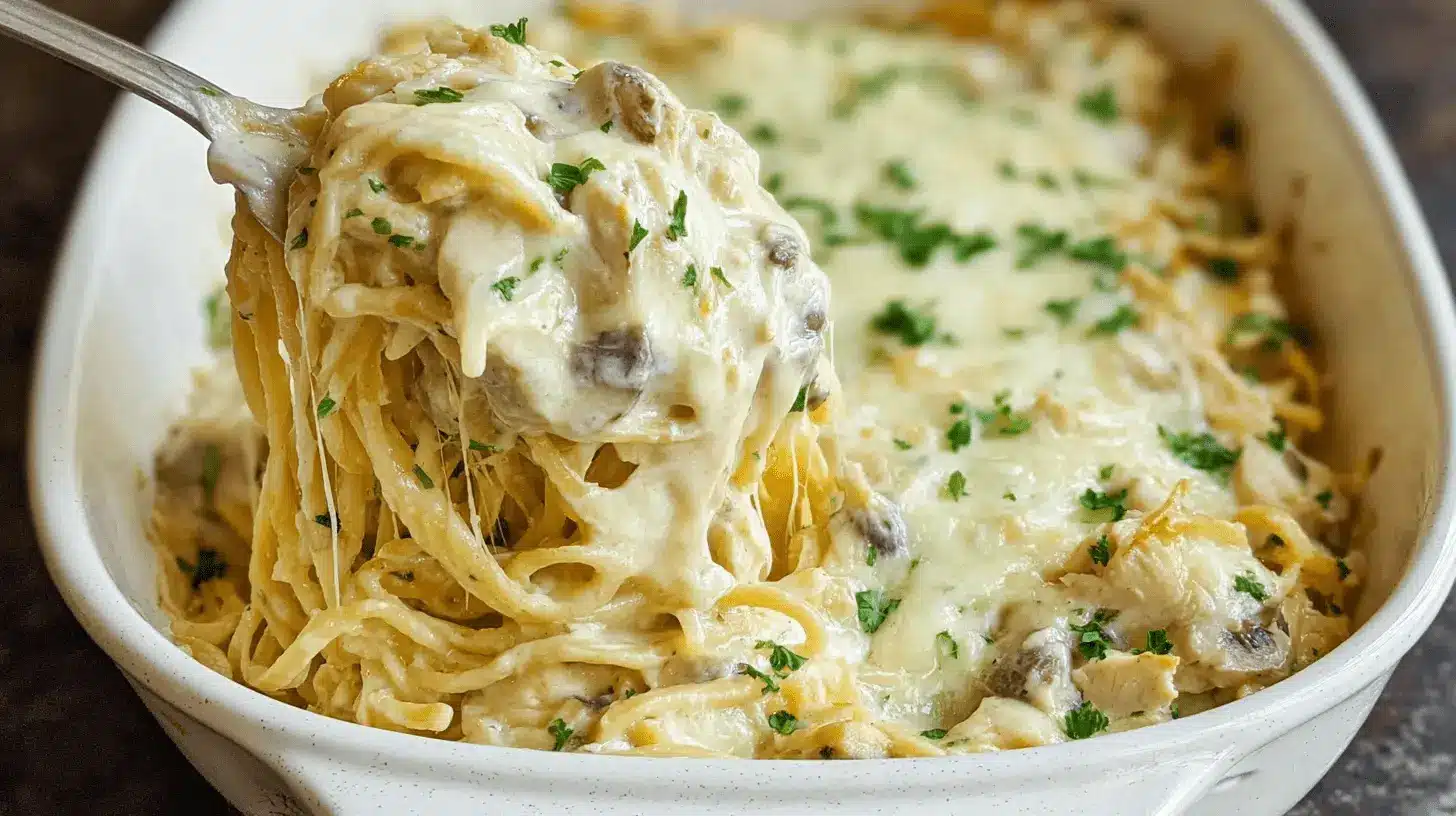Close-up of creamy Chicken Tetrazzini with melted cheese being served.