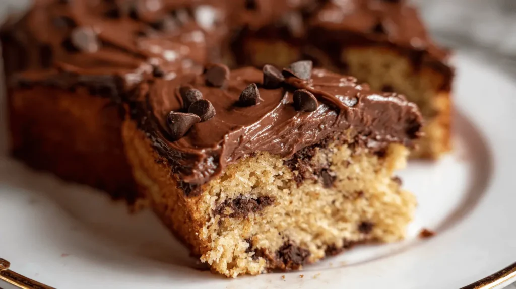 A tempting close-up of a slice of Chocolate Chip Oat Flour Cake, generously covered in rich chocolate frosting and mini chocolate chips, presented on a white plate with a gold rim.