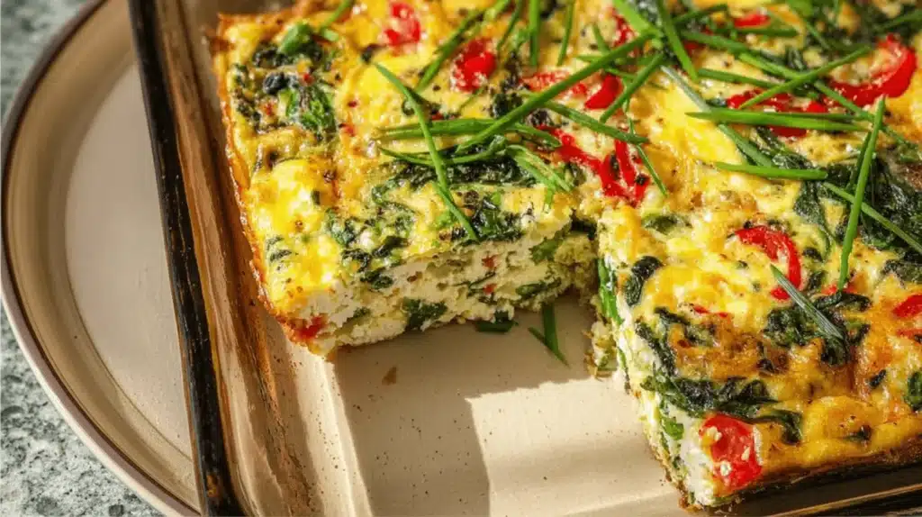 A golden-yellow Cottage Cheese Egg Bake with Veggies, featuring spinach and bell peppers, in a rustic baking dish.