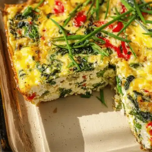 A golden-yellow Cottage Cheese Egg Bake with Veggies, featuring spinach and bell peppers, in a rustic baking dish.