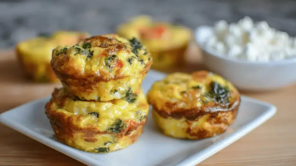 Close-up of golden-brown Cottage Cheese Egg Muffins with spinach and bell peppers on a white plate, ready for a healthy meal.