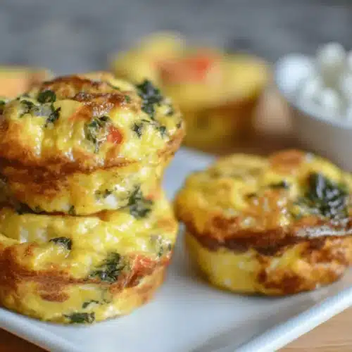 Close-up of golden-brown Cottage Cheese Egg Muffins with spinach and bell peppers on a white plate, ready for a healthy meal.
