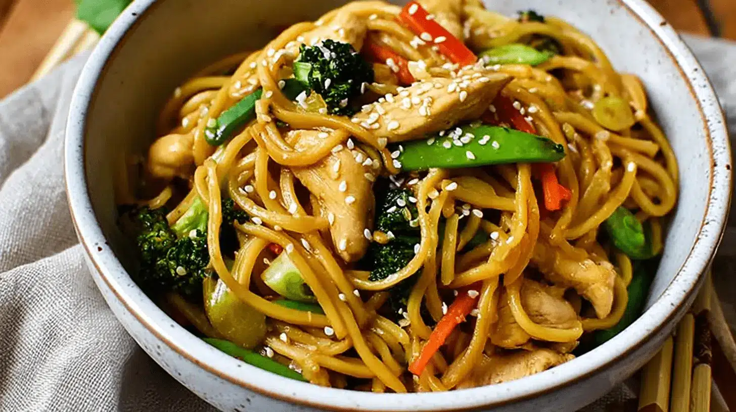 A vibrant bowl of Gluten Free Chicken Lo Mein, brimming with tender chicken, colorful vegetables, and a savory sauce, garnished with sesame seeds.