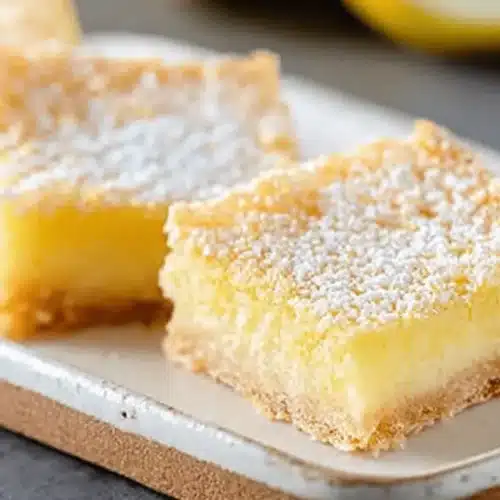 Three delicious, powdered sugar-dusted Gluten Free Lemon Bars on a rustic plate.