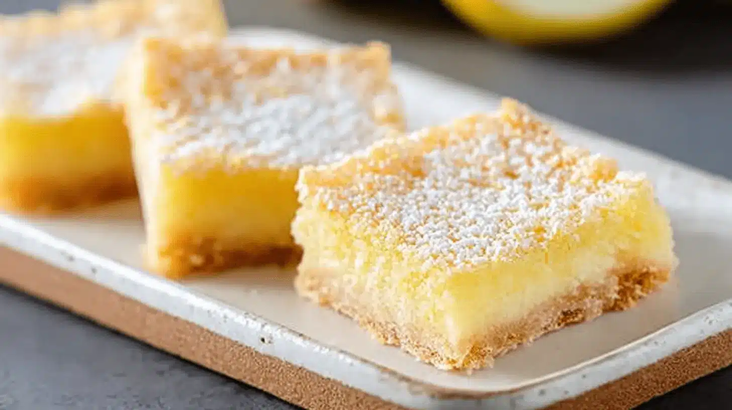 Three delicious, powdered sugar-dusted Gluten Free Lemon Bars on a rustic plate.