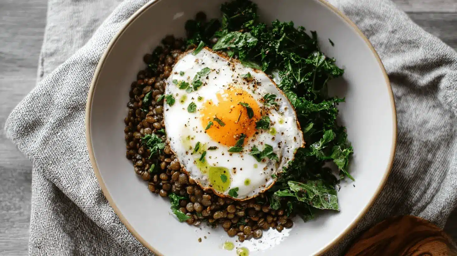 Hearty Lentil Breakfast Bowl with Fried Egg & Kale 1 A vibrant and wholesome Lentil Breakfast Bowl featuring seasoned lentils, sautéed greens, and a perfectly fried sunny-side up egg.