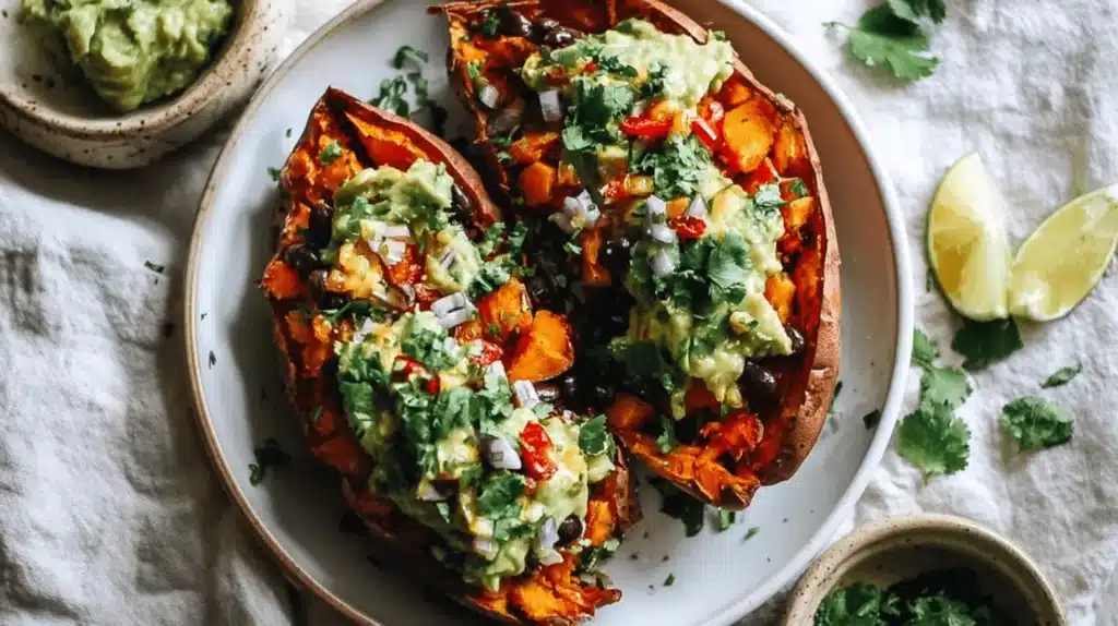 Vibrant Mexican Stuffed Sweet Potatoes with black beans, guacamole, and fresh cilantro on a rustic plate.