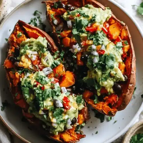 Vibrant Mexican Stuffed Sweet Potatoes with black beans, guacamole, and fresh cilantro on a rustic plate.