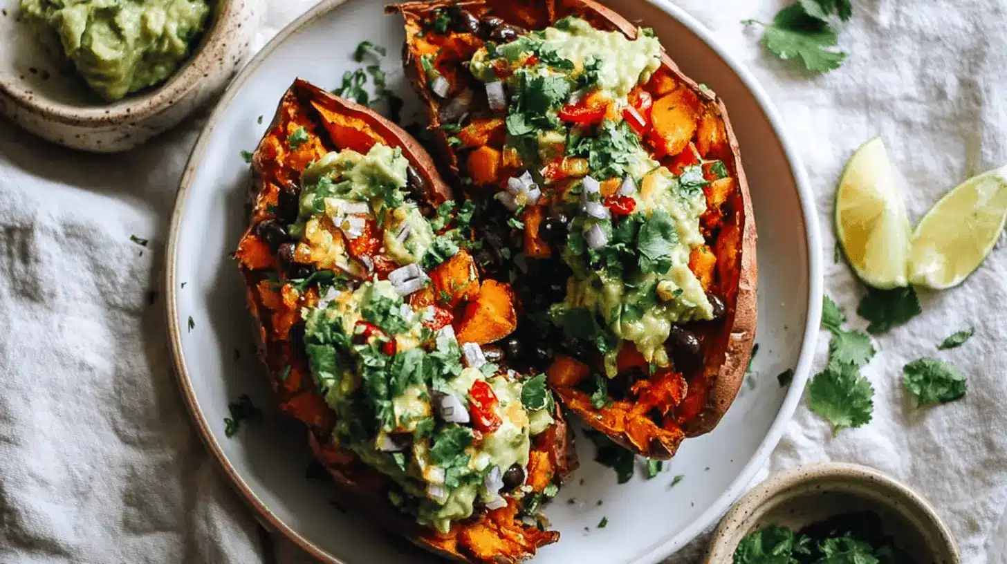 Vibrant Mexican Stuffed Sweet Potatoes with black beans, guacamole, and fresh cilantro on a rustic plate.