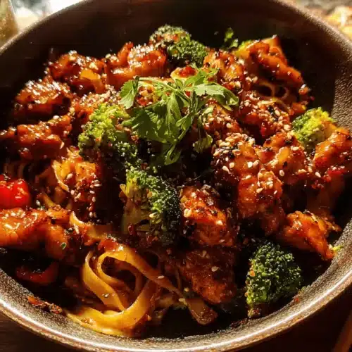 Spicy Garlic Chicken and Broccoli Noodles: Quick Takeout Flavor at Home 2 A vibrant bowl of Spicy Garlic Chicken and Broccoli Noodle, garnished with sesame seeds and herbs, served on a rustic wooden surface with chopsticks and a drink.