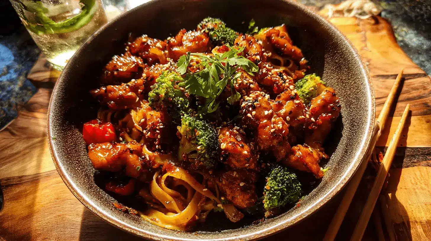 Spicy Garlic Chicken and Broccoli Noodles: Quick Takeout Flavor at Home 1 A vibrant bowl of Spicy Garlic Chicken and Broccoli Noodle, garnished with sesame seeds and herbs, served on a rustic wooden surface with chopsticks and a drink.