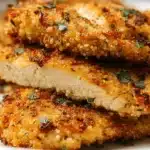 Golden-brown baked parmesan crusted chicken cutlets, garnished with fresh herbs on a white plate.