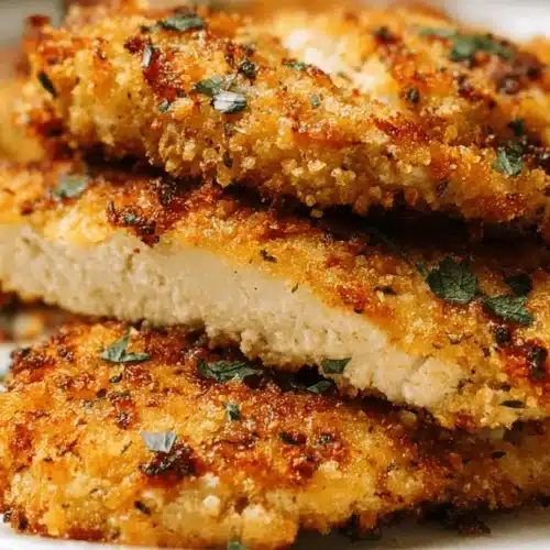 Crispy Baked Parmesan Crusted Chicken: Easy, Moist, & Delicious 2 Golden-brown baked parmesan crusted chicken cutlets, garnished with fresh herbs on a white plate.