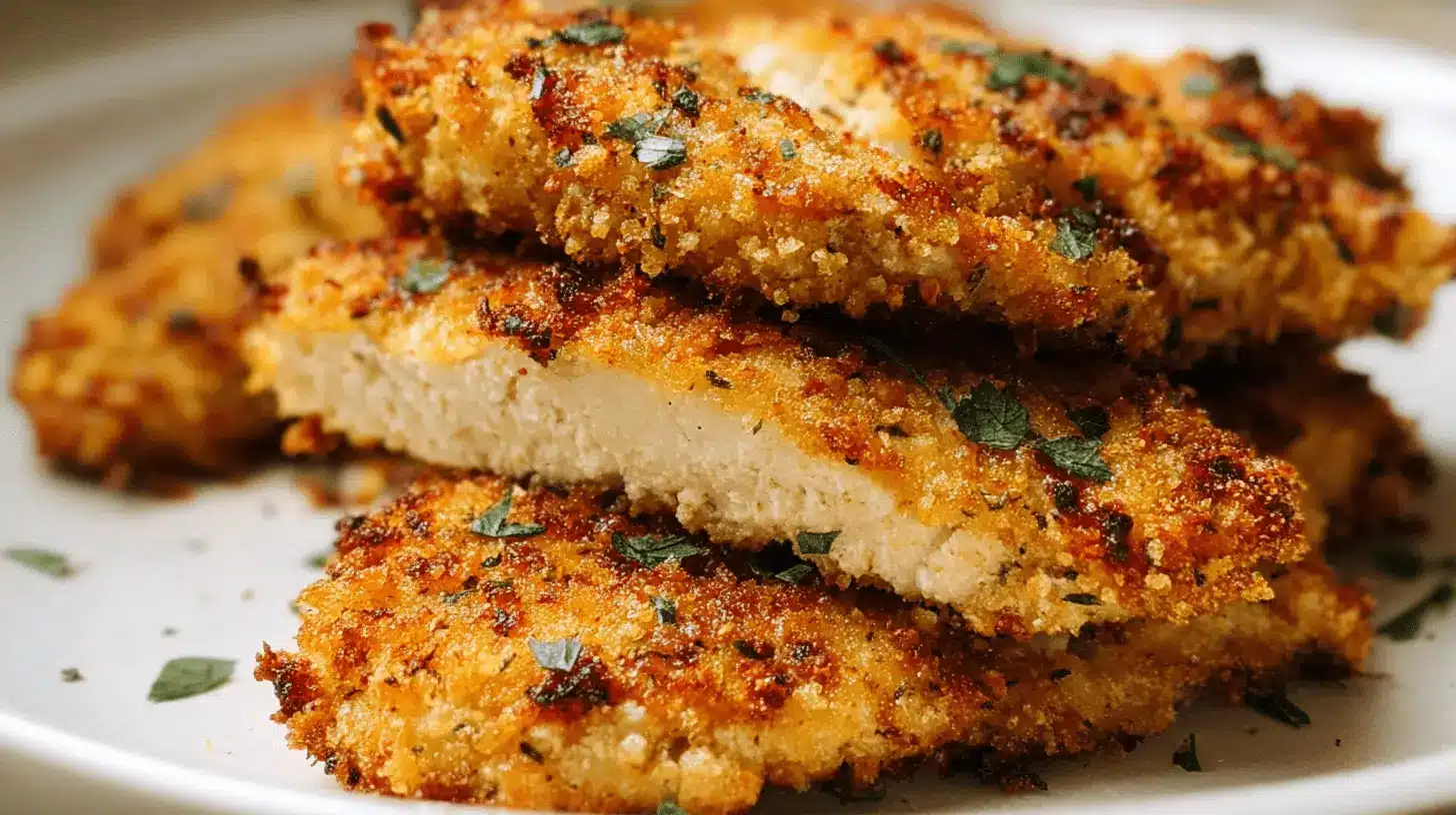 Crispy Baked Parmesan Crusted Chicken: Easy, Moist, & Delicious 1 Golden-brown baked parmesan crusted chicken cutlets, garnished with fresh herbs on a white plate.
