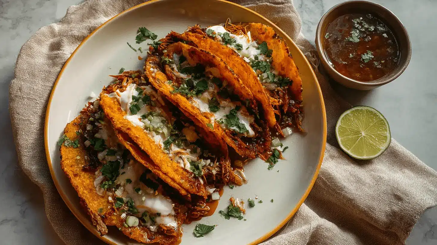 The Best Birria Tacos (Quesatacos) 1 Mouth-watering birria tacos with consommé and fresh lime on a elegant stone countertop.