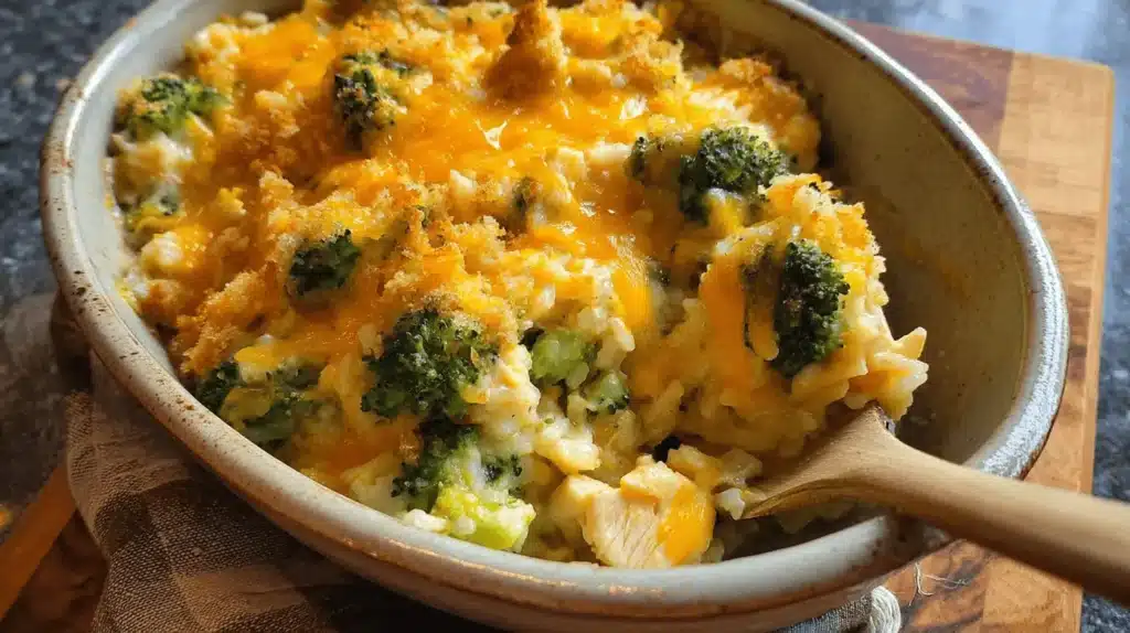 Hearty chicken broccoli rice cheese casserole in a rustic baking dish, ready to serve.