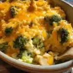 Hearty chicken broccoli rice cheese casserole in a rustic baking dish, ready to serve.