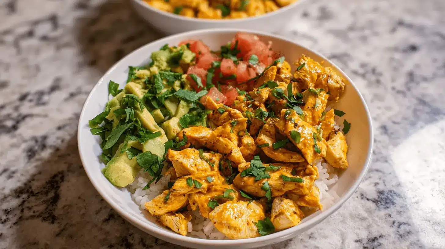 Ultimate Chicken Burrito Bowl: High-Protein & Flavorful Meal Prep 1 Appetizing chicken burrito bowl with rice, avocado, tomatoes, and cilantro on a kitchen counter.