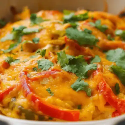 Appetizing close-up of a freshly baked chicken fajita casserole with bubbly melted cheese, colorful bell peppers, and fresh cilantro garnish.