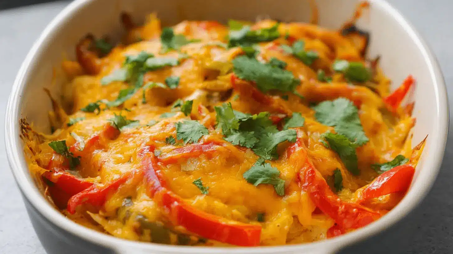 Appetizing close-up of a freshly baked chicken fajita casserole with bubbly melted cheese, colorful bell peppers, and fresh cilantro garnish.