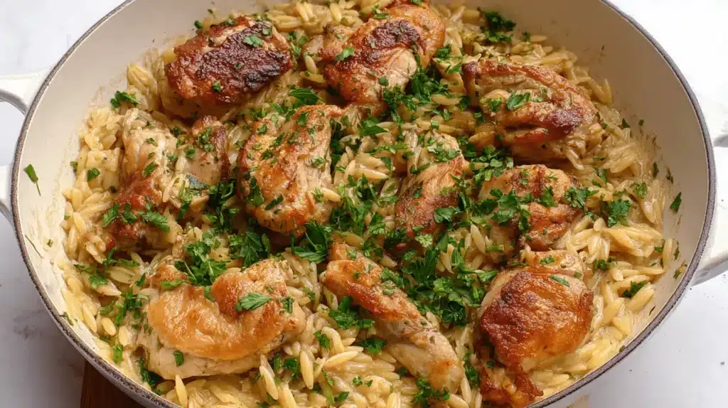 Close-up of creamy chicken orzo pasta garnished with fresh herbs in a white cast-iron pan.