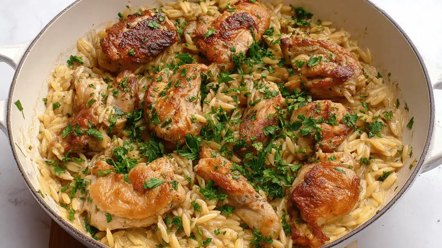 Close-up of creamy chicken orzo pasta garnished with fresh herbs in a white cast-iron pan.