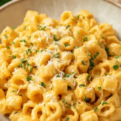 Creamy macaroni and cheese made with delicious ditalini pasta, garnished with fresh parsley and grated cheese.