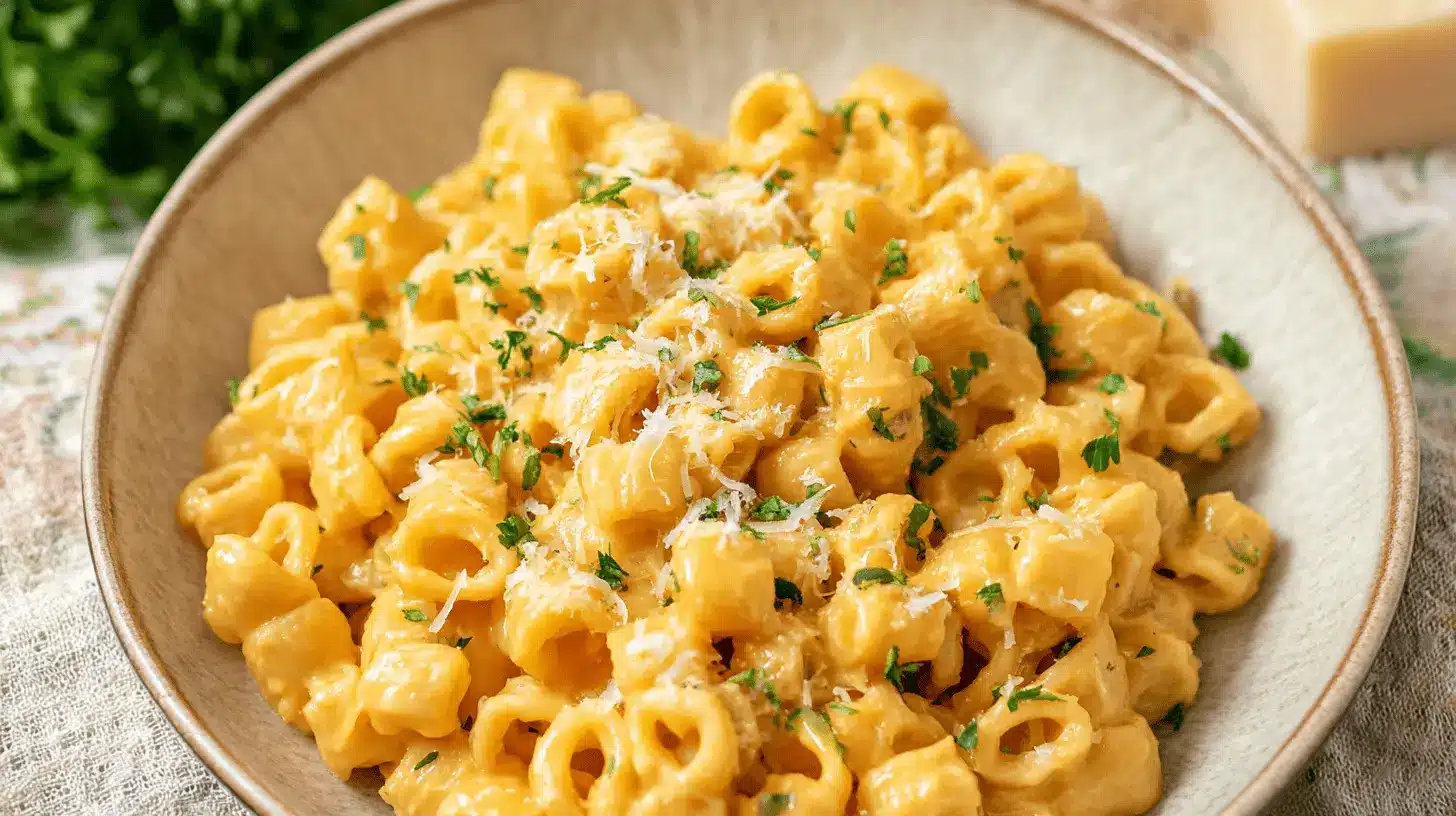 Creamy macaroni and cheese made with delicious ditalini pasta, garnished with fresh parsley and grated cheese.