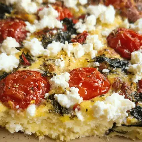 Easy Mediterranean Breakfast Casserole 2 Close-up of a freshly baked Mediterranean breakfast casserole featuring vibrant tomatoes, crumbled feta, and spinach.