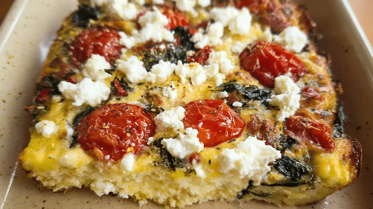 Easy Mediterranean Breakfast Casserole 1 Close-up of a freshly baked Mediterranean breakfast casserole featuring vibrant tomatoes, crumbled feta, and spinach.