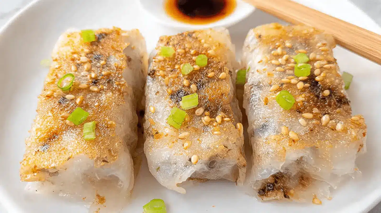 Close-up of three crispy pan-fried rice paper dumplings garnished with sesame seeds and green onions on a white plate with dipping sauce.