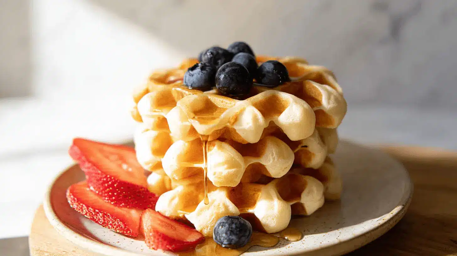 Golden Cottage Cheese Waffles stacked with fresh blueberries, sliced strawberries, and drizzled maple syrup.