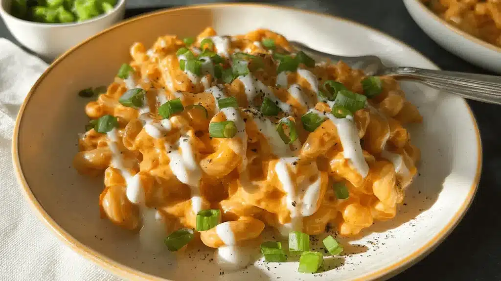 Appetizing close-up of High Protein Buffalo Chicken Mac and Cheese, topped with white drizzle and fresh green onions.