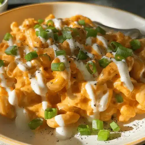 Appetizing close-up of High Protein Buffalo Chicken Mac and Cheese, topped with white drizzle and fresh green onions.