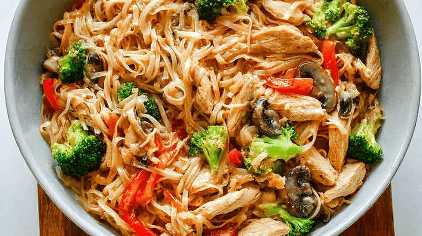 Vibrant close-up of a large bowl of chicken stir fry with noodles, featuring chicken, broccoli, red bell pepper, and mushrooms.