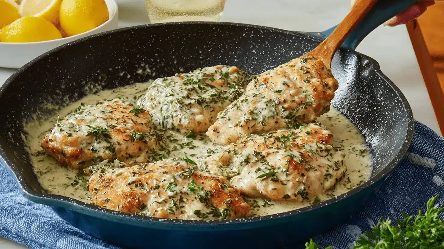 Close-up of pan-fried lemon herb chicken simmering in a creamy sauce with fresh lemons and herbs in a cast-iron skillet.