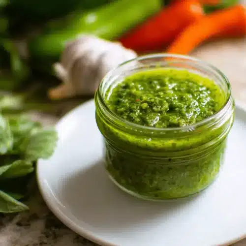 Vibrant green sofrito in a clear jar, surrounded by fresh herbs, garlic, and peppers, ready for a delicious sofrito recipe.
