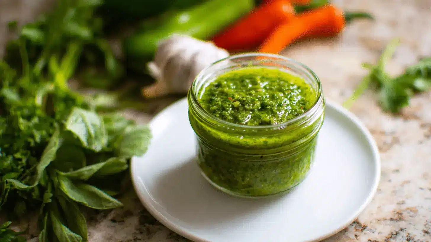 Vibrant green sofrito in a clear jar, surrounded by fresh herbs, garlic, and peppers, ready for a delicious sofrito recipe.
