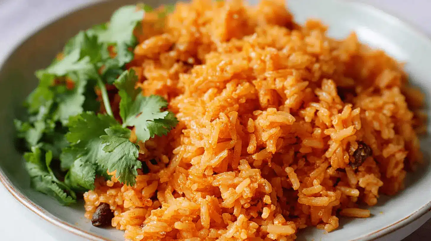 Close-up of vibrant orange-red spanish rice garnished with fresh cilantro on a light plate.