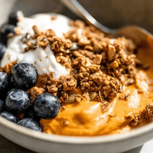 Delicious Sweet Potato Breakfast Bowl 2 Vibrant sweet potato breakfast bowl topped with blueberries, granola, and creamy yogurt.