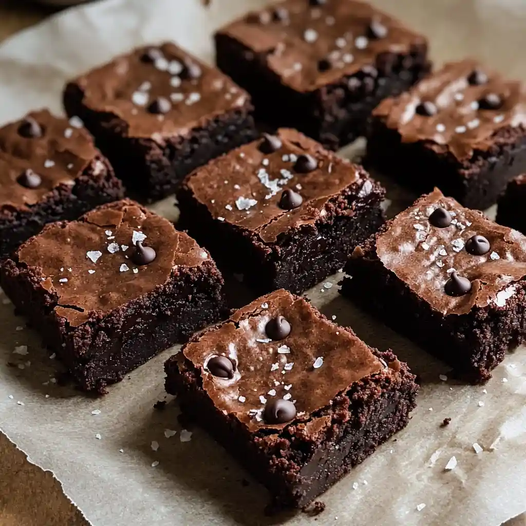 Fudgy flourless Greek yogurt brownies cut into squares with a crackly top and chocolate chips.