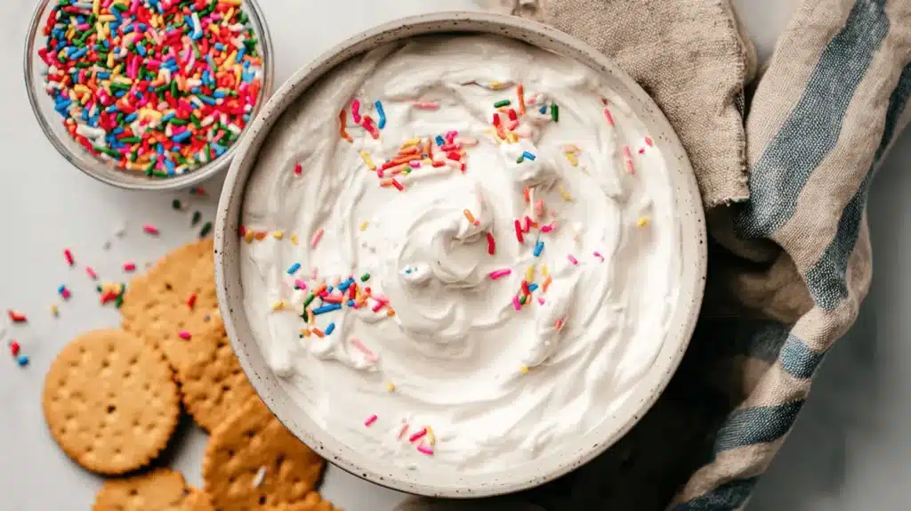 A brightly lit, top-down view of a Fluffy Protein Yogurt Bowl topped with rainbow sprinkles, served alongside golden crackers and a bowl of extra sprinkles on a light countertop.