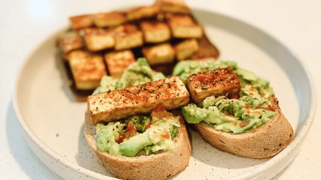 Appetizing close-up of golden-brown tofu avocado toast, seasoned and served on rustic bread.