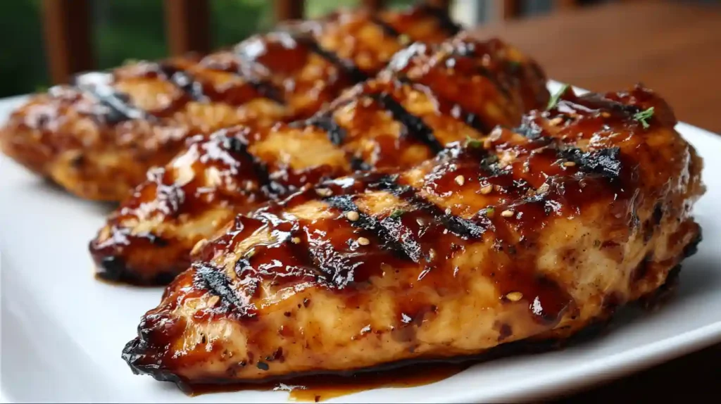 Brown Sugar Pineapple Chicken glazed with a sticky sweet sauce and grilled until caramelized on a white plate.
