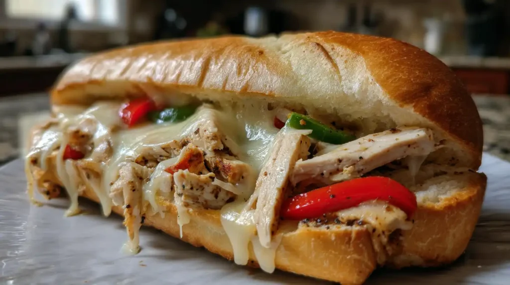 Chicken Philly Cheesesteak sandwich with melted cheese, grilled chicken, and sautéed peppers on a toasted hoagie roll.
