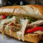 Chicken Philly Cheesesteak sandwich with melted cheese, grilled chicken, and sautéed peppers on a toasted hoagie roll.