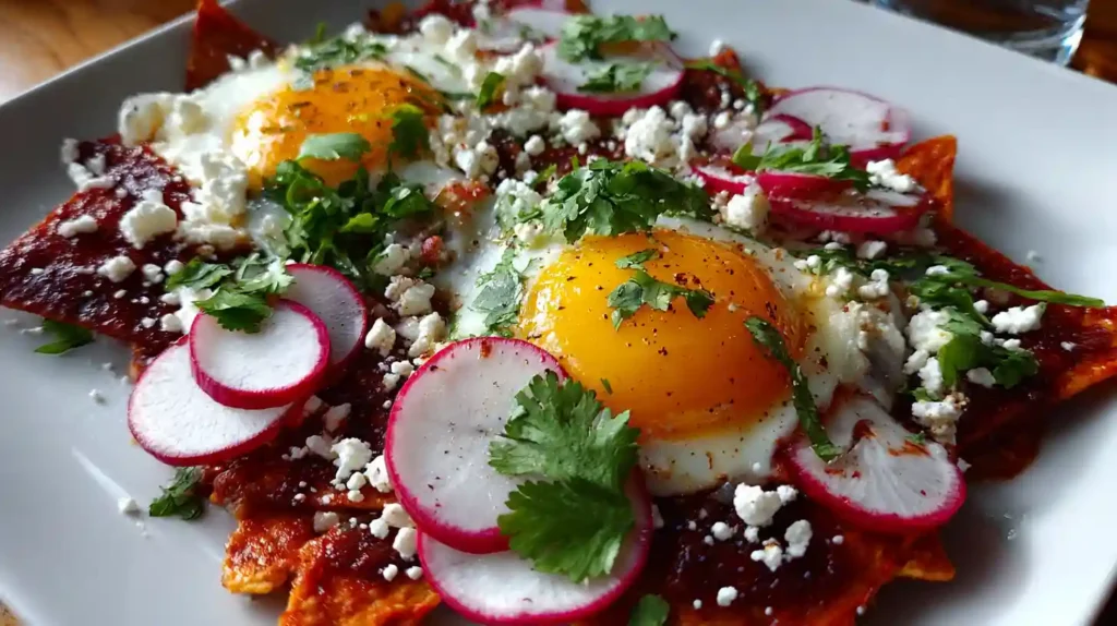 Chilaquiles recipe topped with fried eggs, queso fresco, radishes, and cilantro over crispy tortilla chips with red sauce.